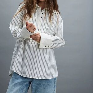We The Free Cream Shirt with Black Pinstripes and Pintucks